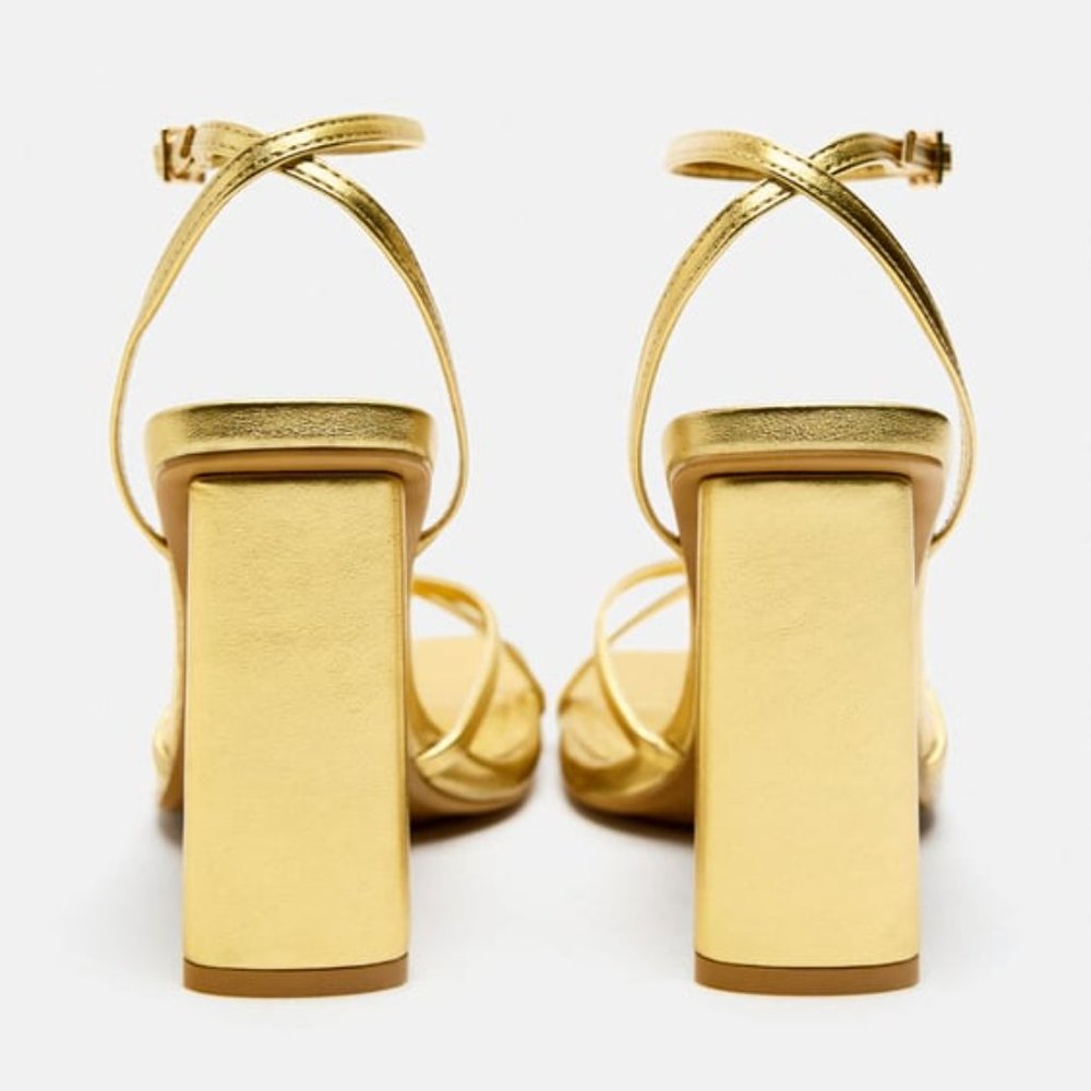 ZARA GOLD STRAPPY METALLIC HEELED SANDALS - Picture 6 of 8
